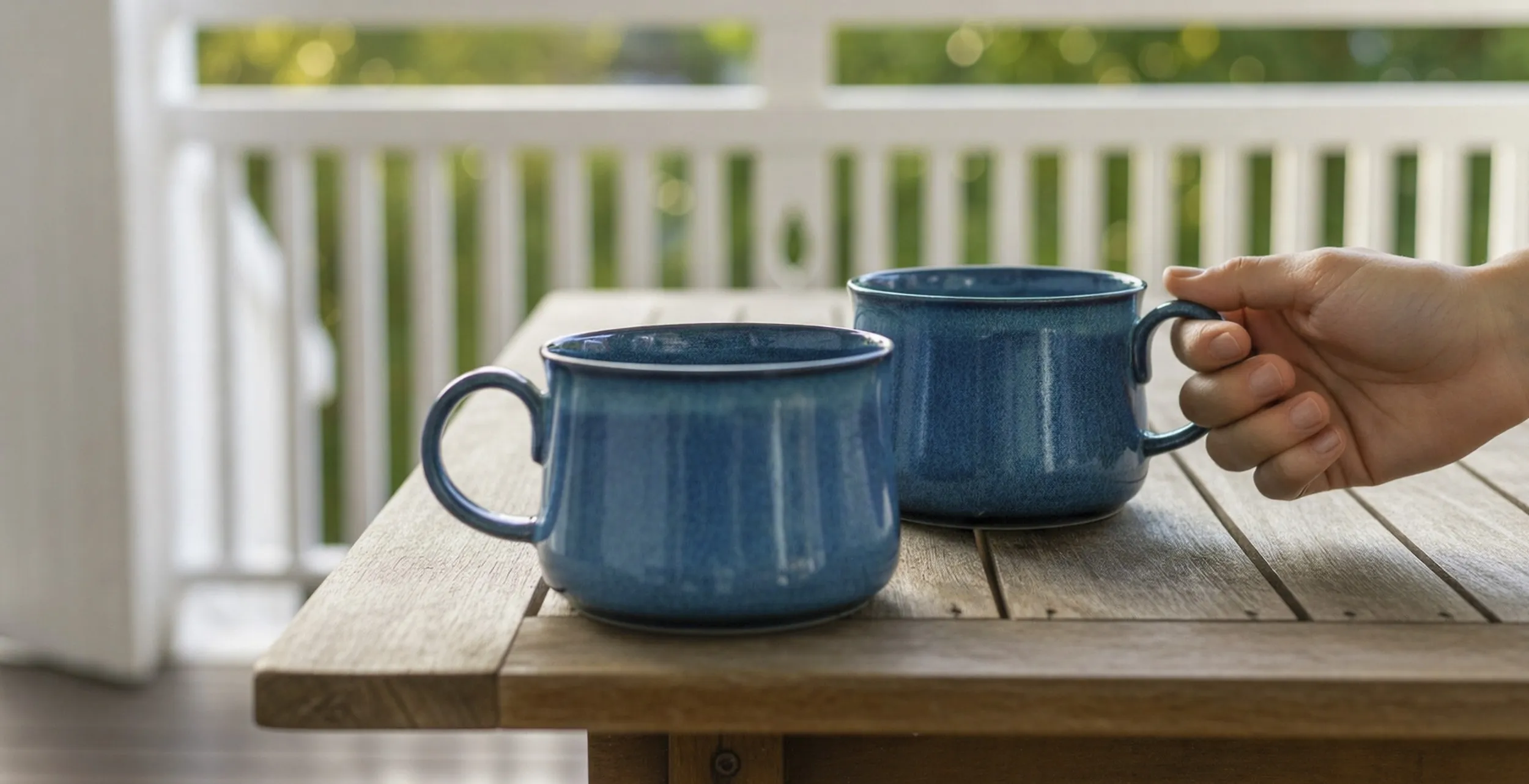 A pair of deep blue hand-thrown mugs on a weathered timber table, one lifted by a hand, on a sunlit verandah
