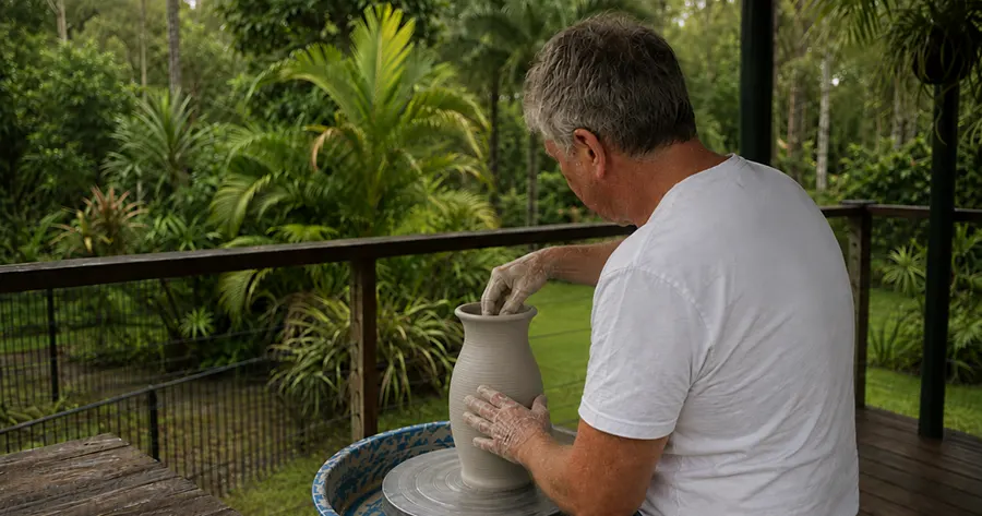 Steve Neil throwing a mug on a potter's wheel on an open verandah, with subtropical garden beyond